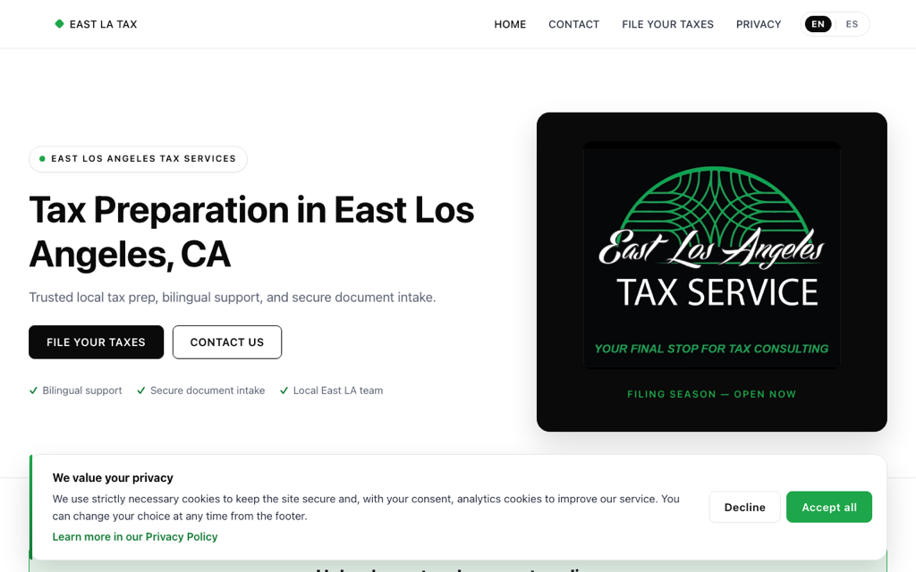 Live preview of the East LA Tax website