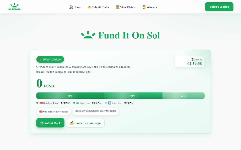 Live preview of the Fund It On Sol website