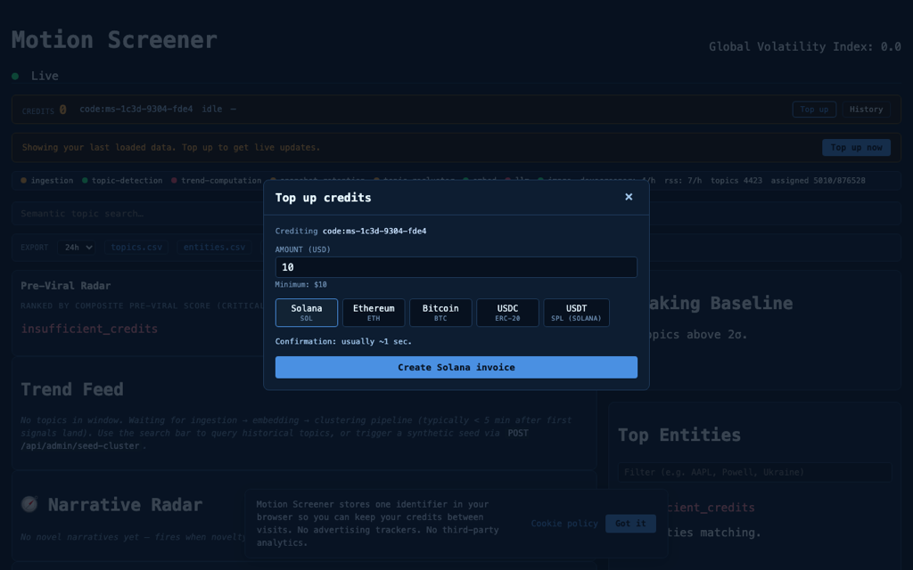 Live preview of the Motion Screener website