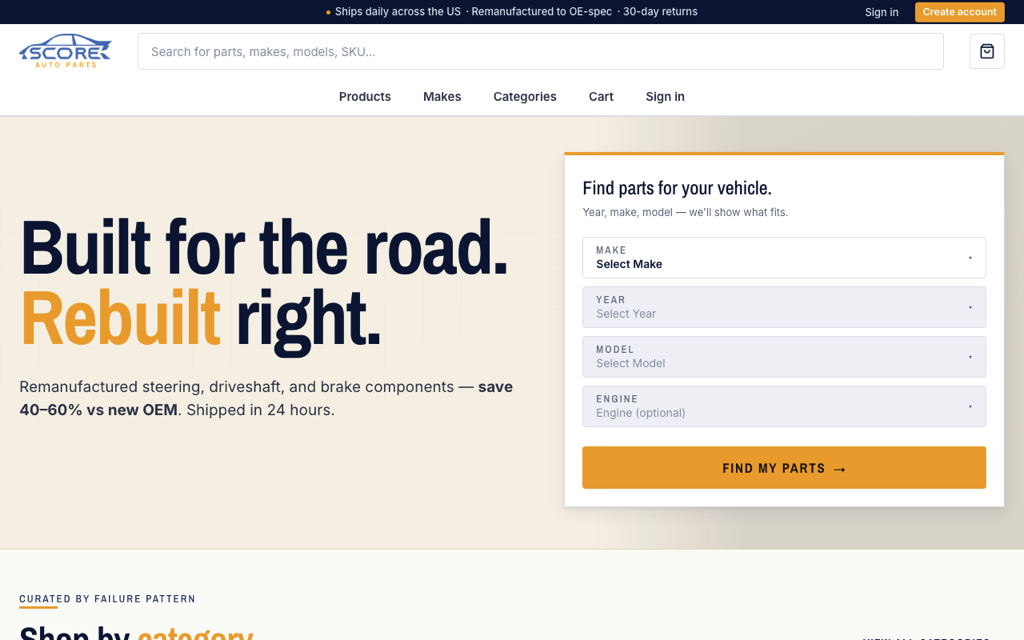 Live preview of the Score Auto Parts website